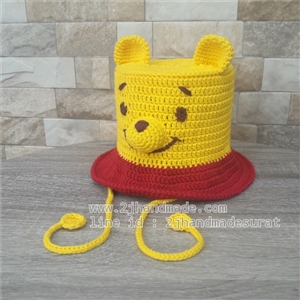 [h052] หมวกไหมคอตตอนถักโครเชต์สำหรับเด็กสีเหลือง ปีกสีแดงหมีพูห์(สั่งทำ)