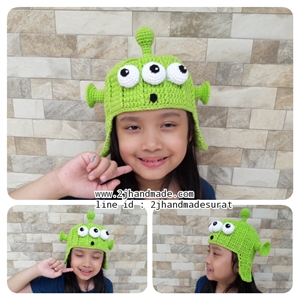 [h051] หมวกไหมพรมถักโครเชต์สำหรับเด็กหมวกสามตาสีเขียว(สั่งทำ)